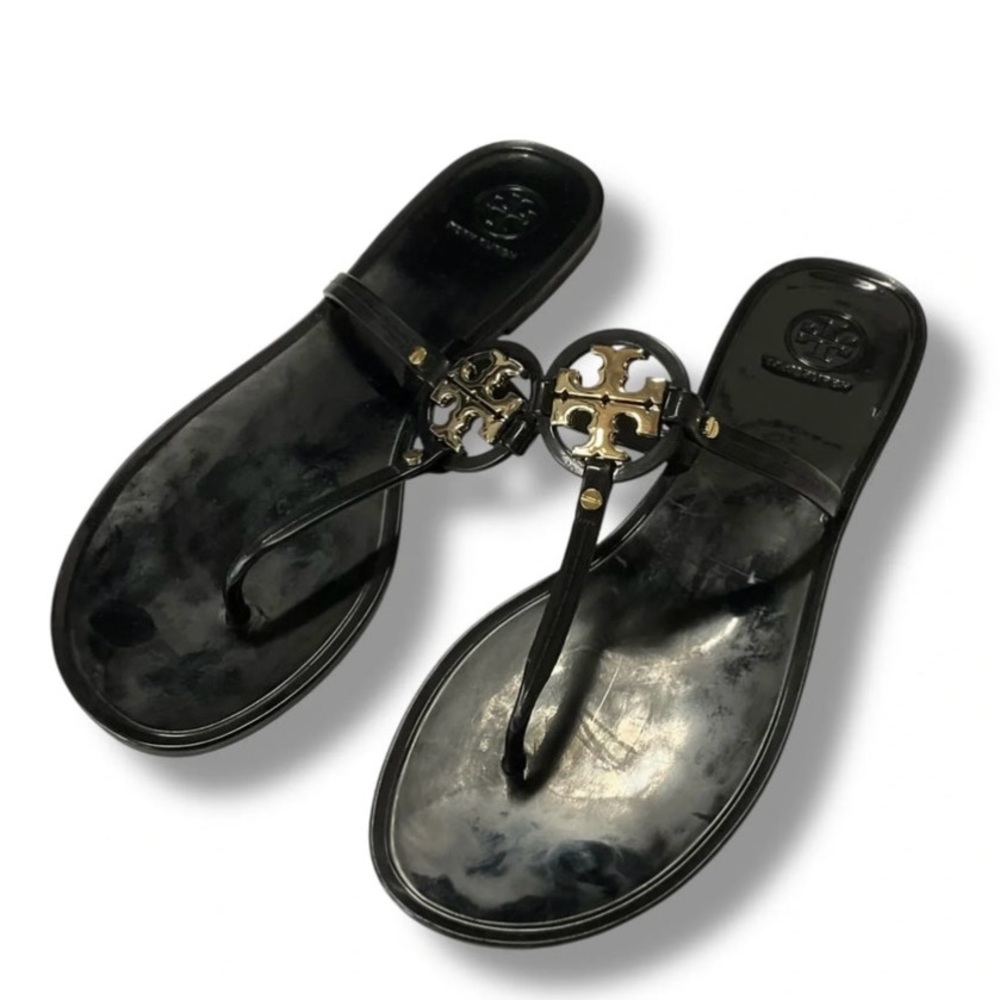 Tory Burch Black jelly sandals with Gold Emblem